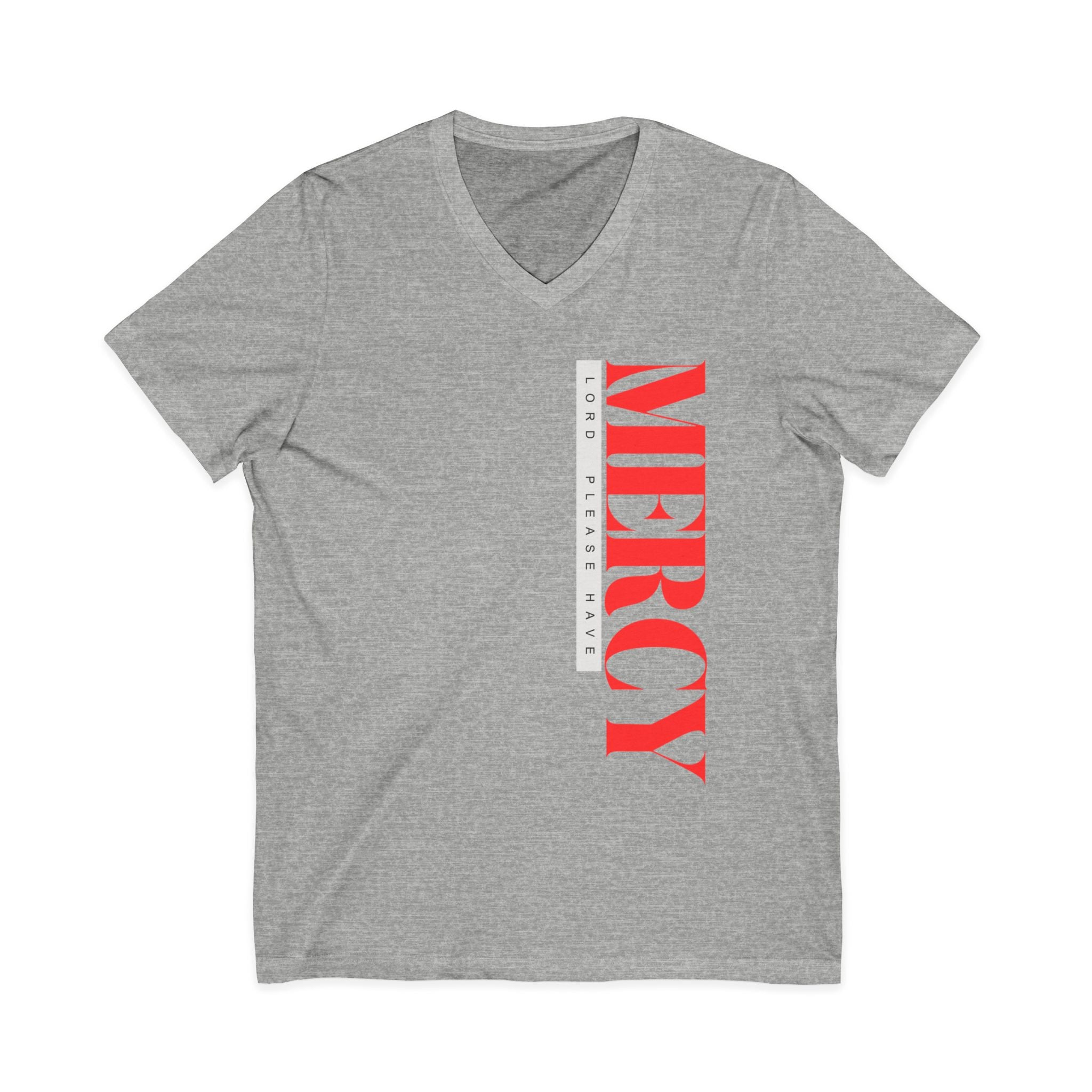 Mercy Text Print Tee | Bold Red Lettering V-Neck Shirt