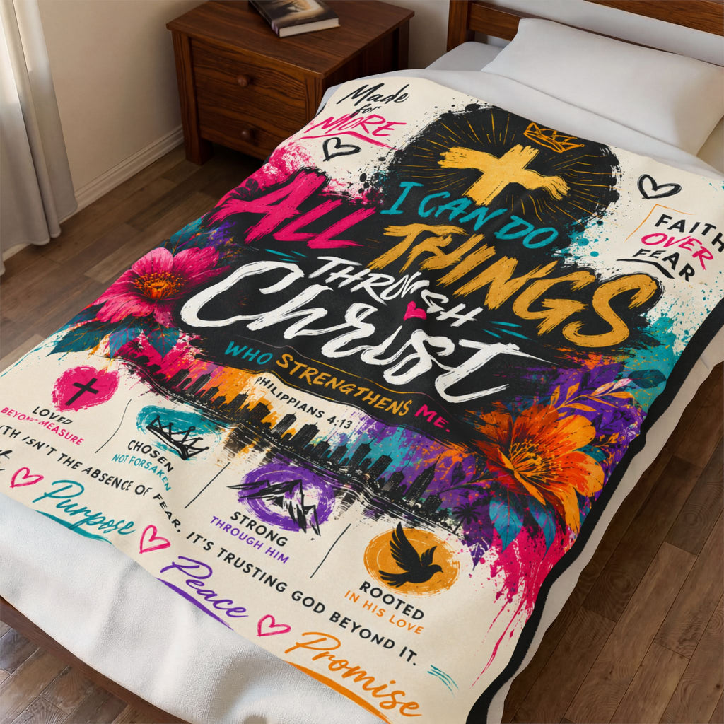 Velveteen Plush Blanket — "I Can Do All Things Through Christ" Inspirational Christian Throw