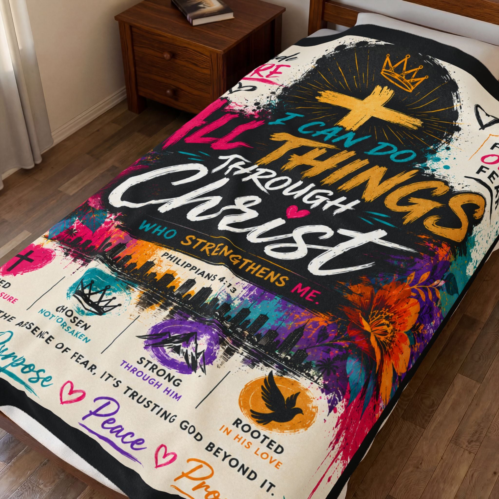 Velveteen Plush Blanket — "I Can Do All Things Through Christ" Inspirational Christian Throw