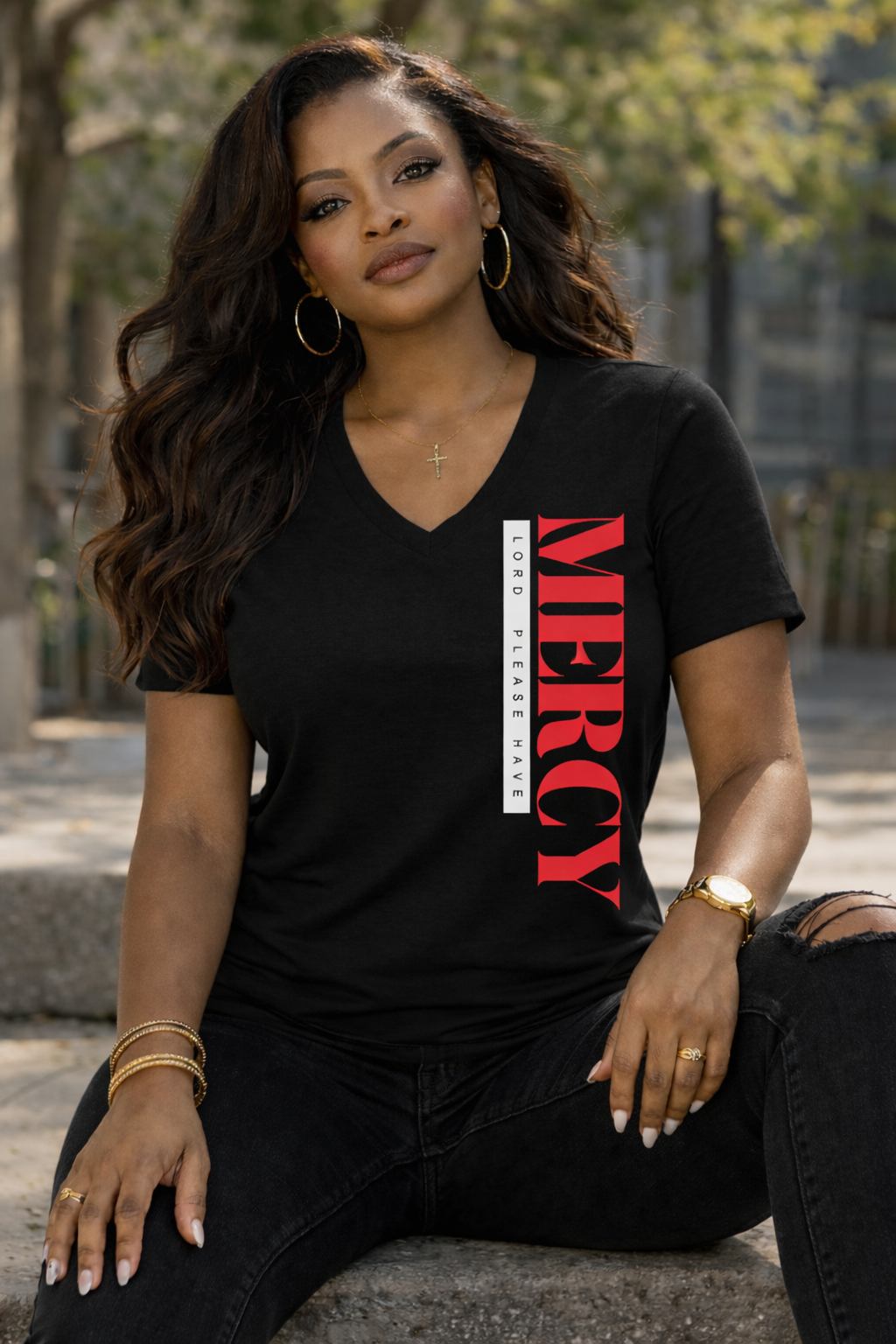 Mercy Text Print Tee | Bold Red Lettering V-Neck Shirt