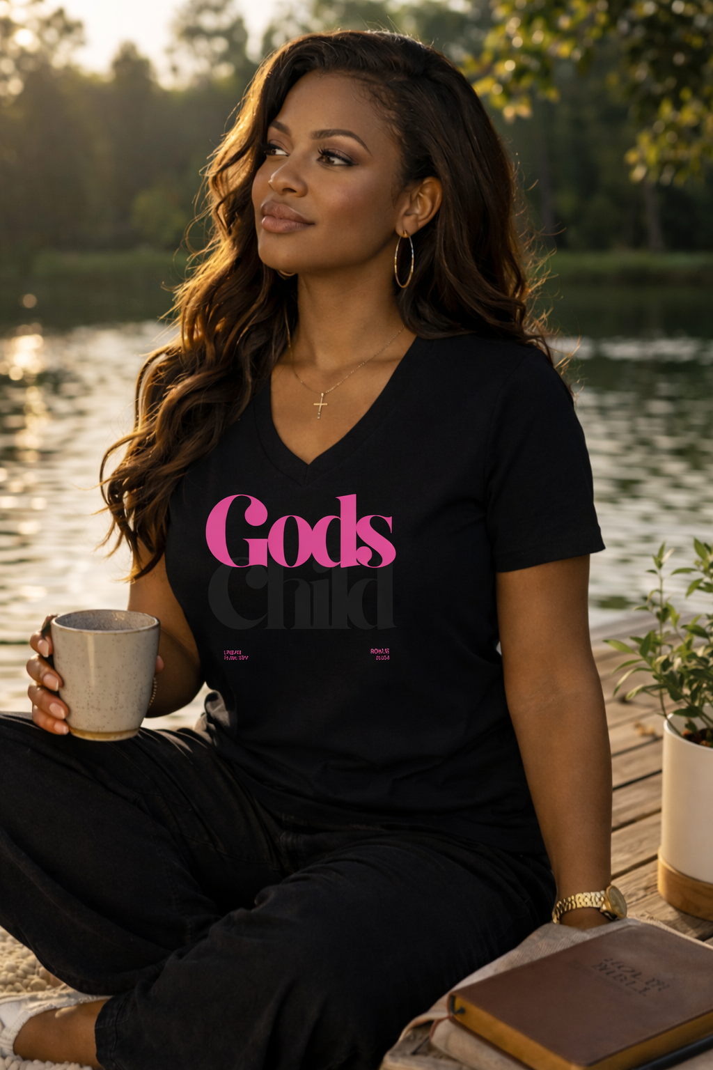 Gods Child V-Neck T-Shirt — Retro Script Faith Tee for Women