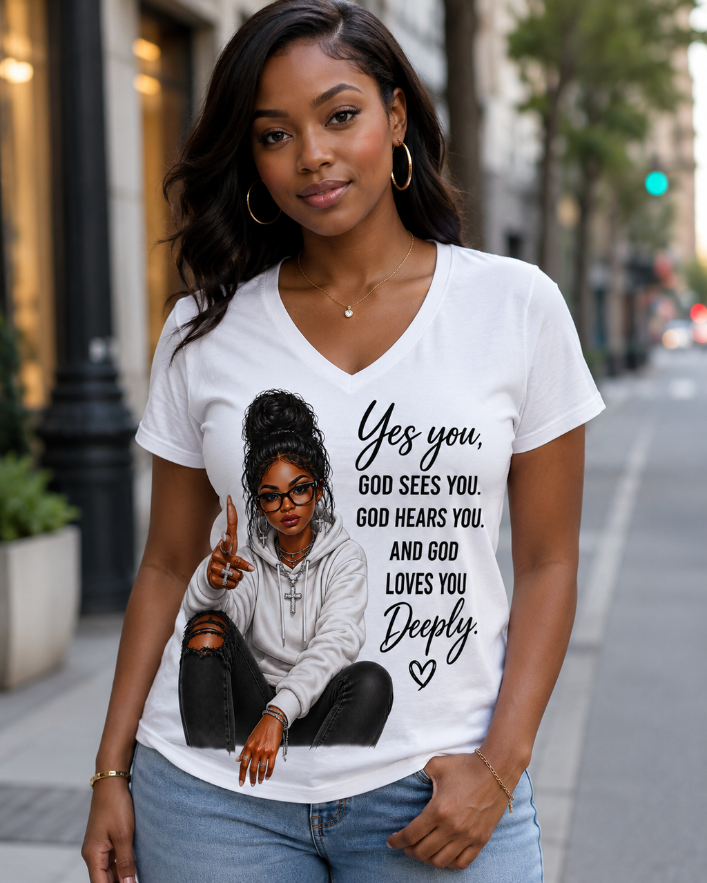 Yes God Sees You V-Neck Tee — Inspirational Christian T-Shirt