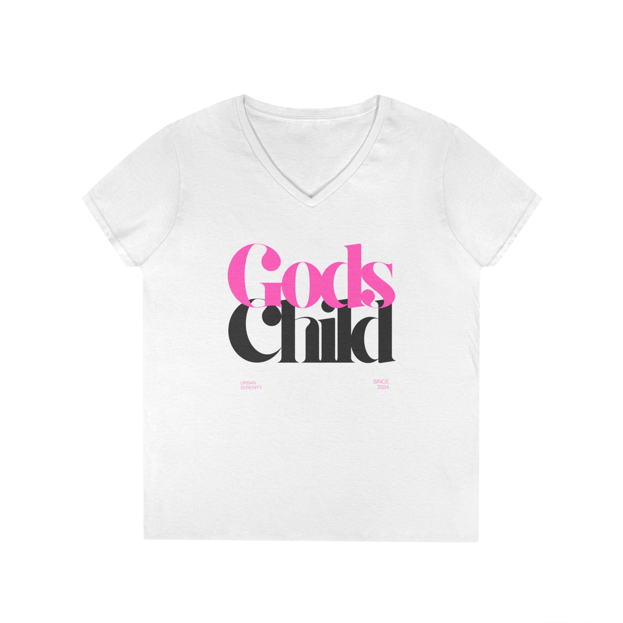 Gods Child V-Neck T-Shirt — Retro Script Faith Tee for Women