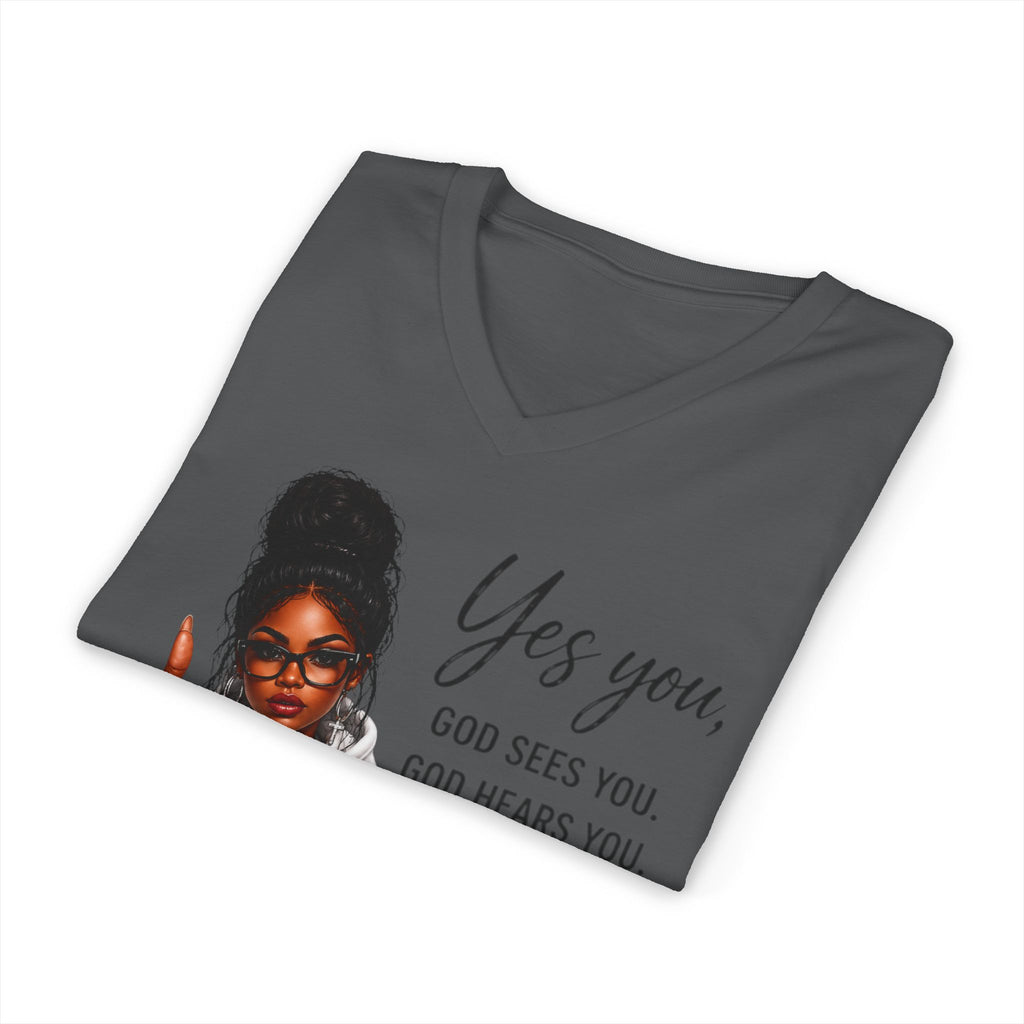 Yes God Sees You V-Neck Tee — Inspirational Christian T-Shirt