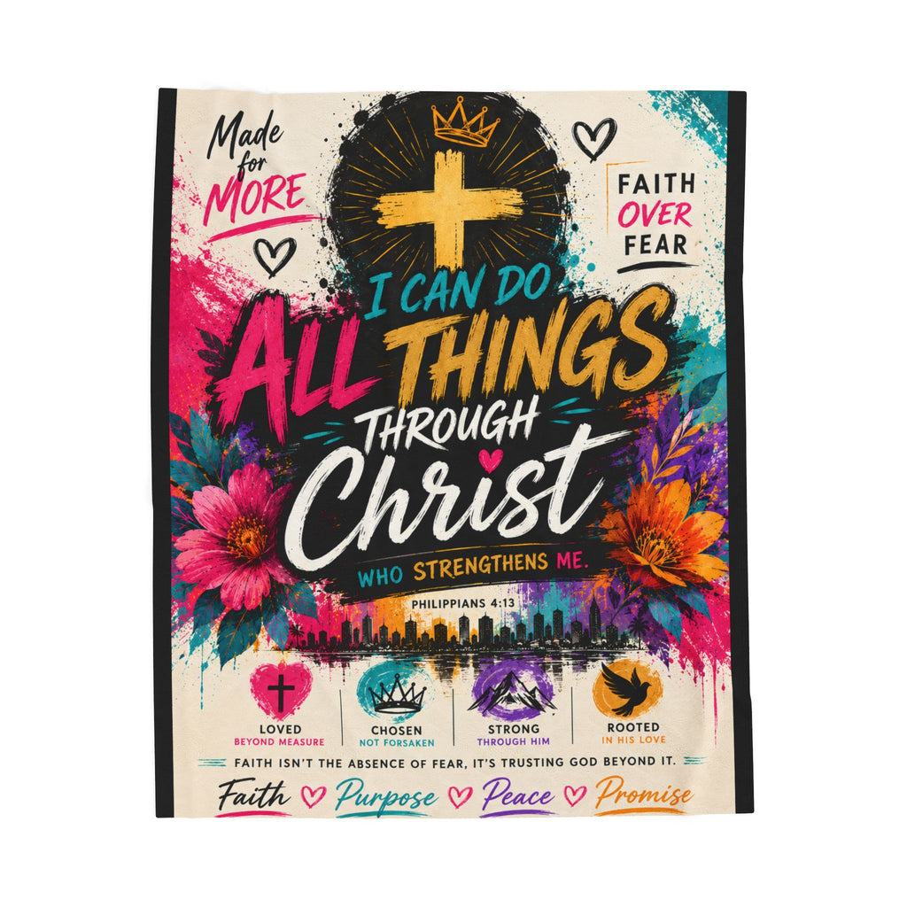 Velveteen Plush Blanket — "I Can Do All Things Through Christ" Inspirational Christian Throw